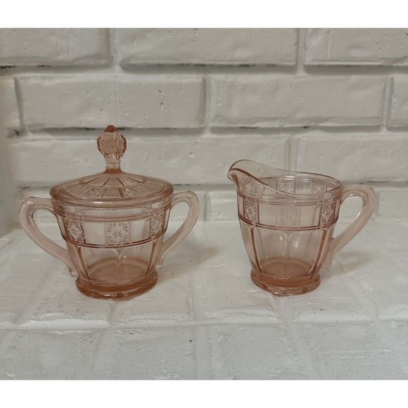 Jeannette Other - Jeannette Doric Creamer & Sugar Bowl Pink Depression Glass Read